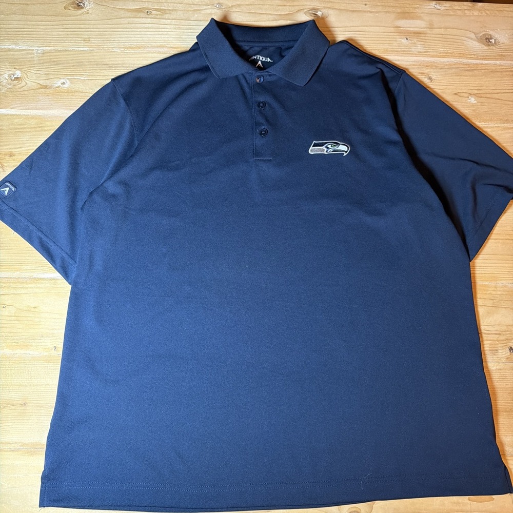 Seattle Seahawks Polo Shirt Mens Large Blue Short Sleeve NFL Football Antigua